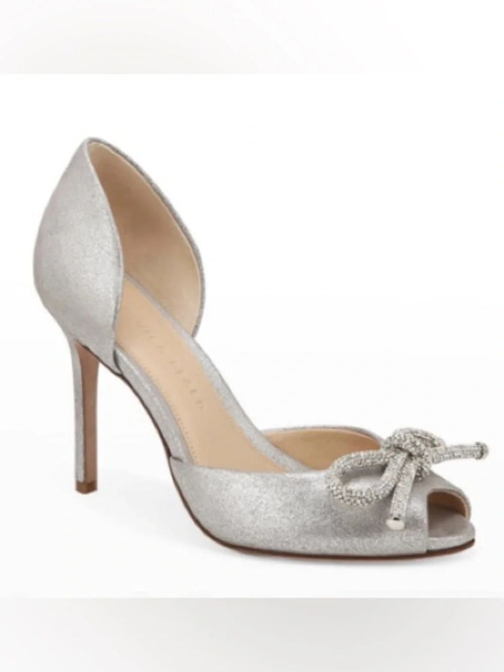 Veronica Beard Gadot Metallic Silver Rhinestone Bow Peep Toe Heels